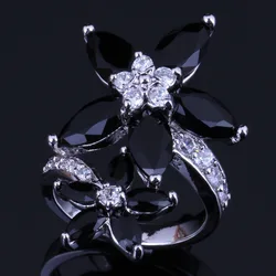 Silky Star Black Cubic Zirconia White CZ Silver Plated Ring V0516