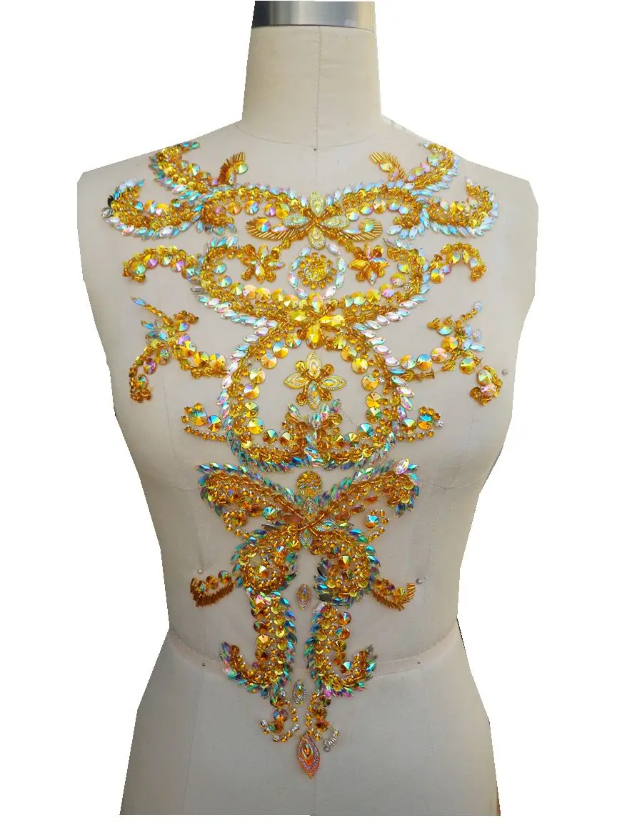 

A301-2 hand made crystals trim patches golden/clear AB colour sew on Rhinestones applique 46*30cm for dress accessory