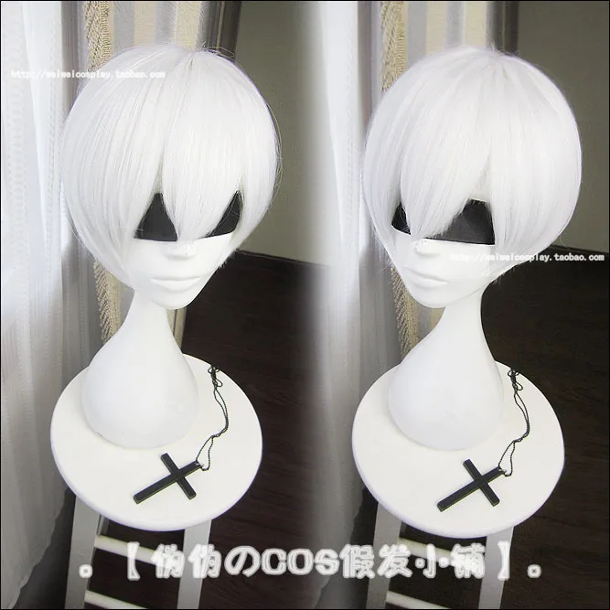 NieR:Automata 9S YoRHa No.9 Model S Wistalia Short White Mixed Heat Resistant Cosplay Costume Wig + Free Black Ribbon