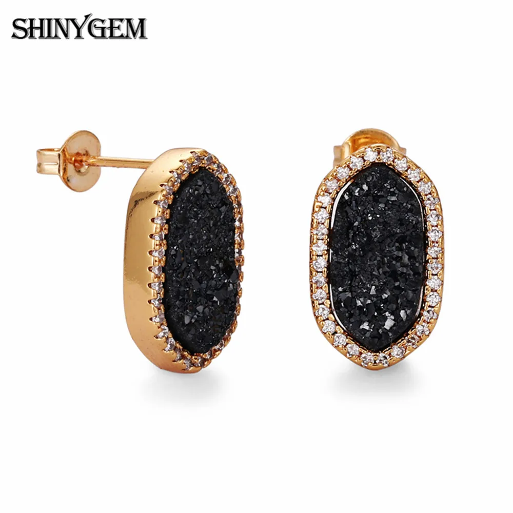 

shinygem 2025 fashion natural oval crystal druzy hexagon chakra stone for women gold plating colorful stud earrings