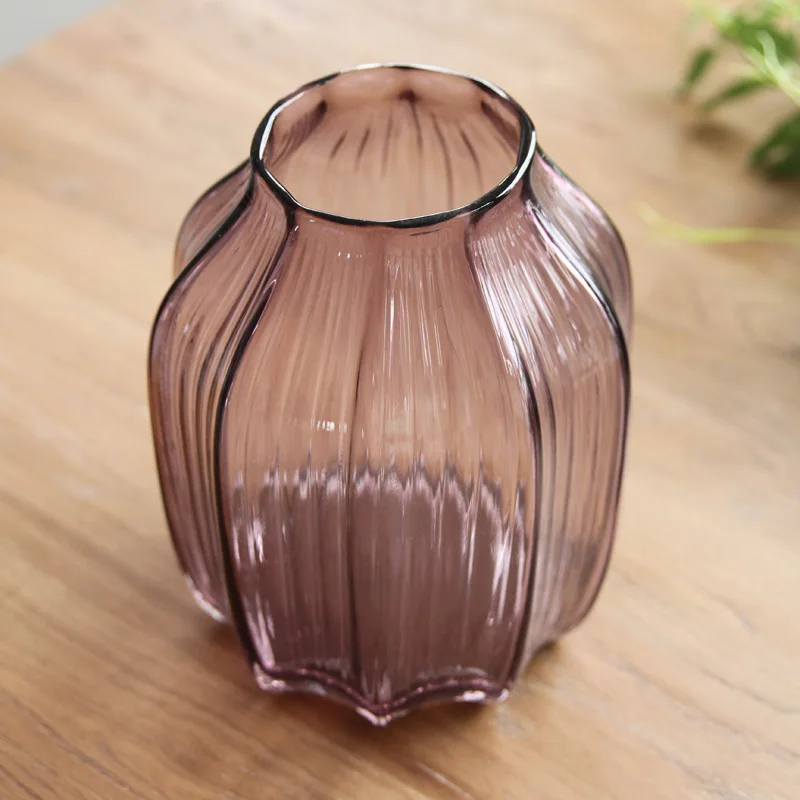 American country Home Furnishing Decor flower table ornaments striped purple transparent glass vase flower Hydroponics