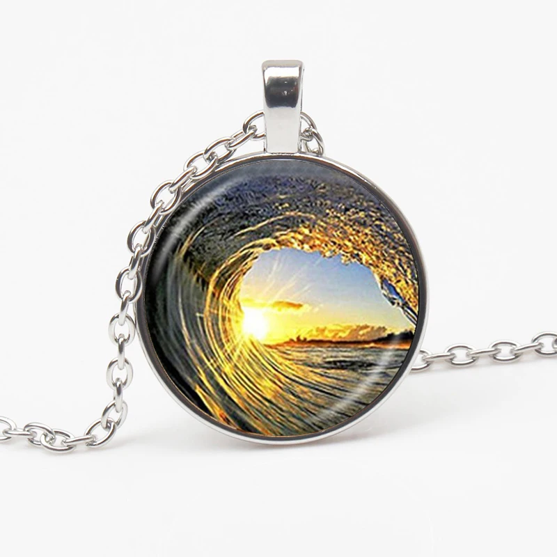 Romantic Wave Orange Sky Sunset Pattern Pendant Ocean Surf Photo Glass Dome Pendant Sweater Chain Man Woman Valentine\'s Day Gift