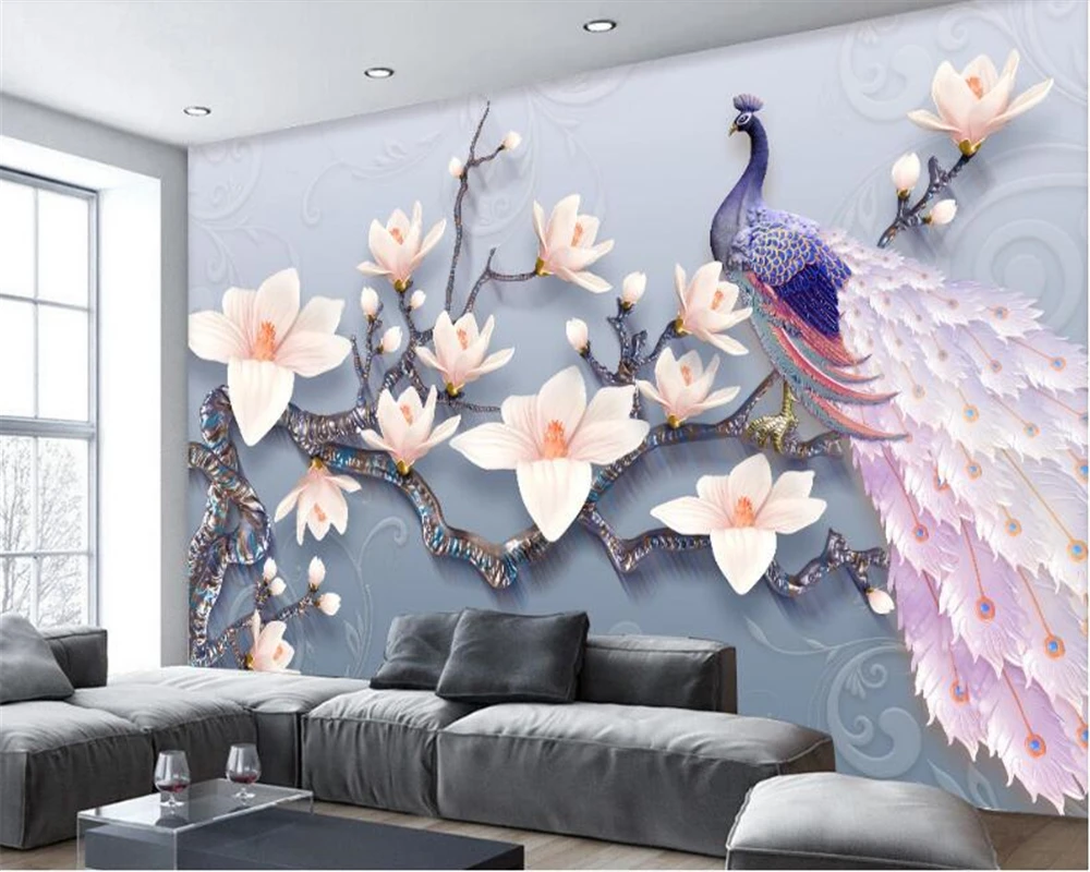 beibehang papel de parede 3d wallpaper High quality 3D embossed magnolia peacock fresh European TV silk background wall paper