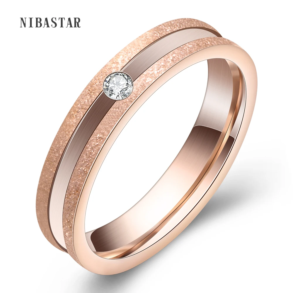 Valentines Gift Rose Gold-Color  Stainless Steel 4mm Fine Pave Setting Cubic Zircon Wedding Rings Size 6-9