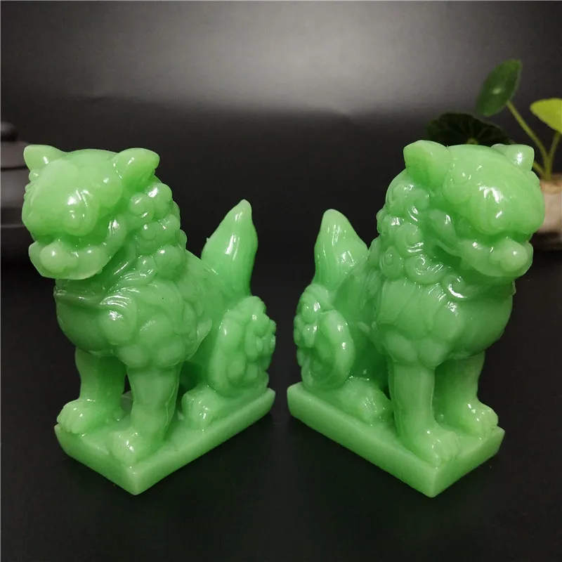 2 Pcs Glowing Chinese Lions Statue Fu Foo Dogs Sculptures Figurine Luminous Man-made Jade Stone Decoration Statues For Home
