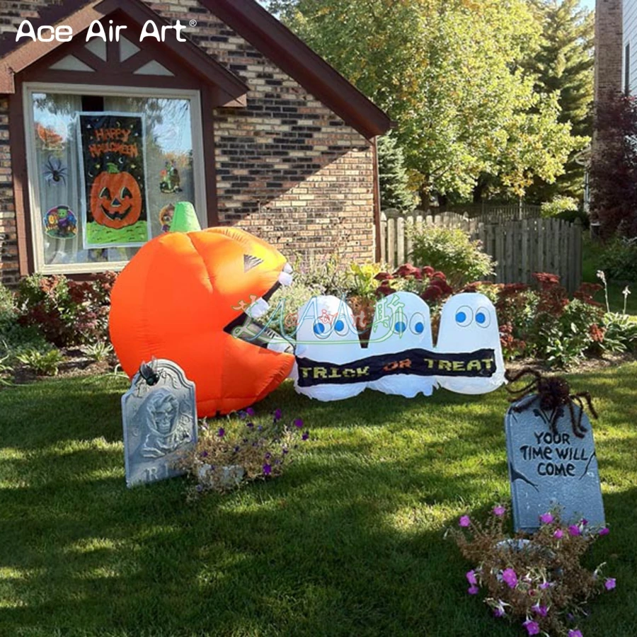 Nicely Article Inflatable Pacmen Pumpkin Shape with Banners for Halloween Yard Decoration