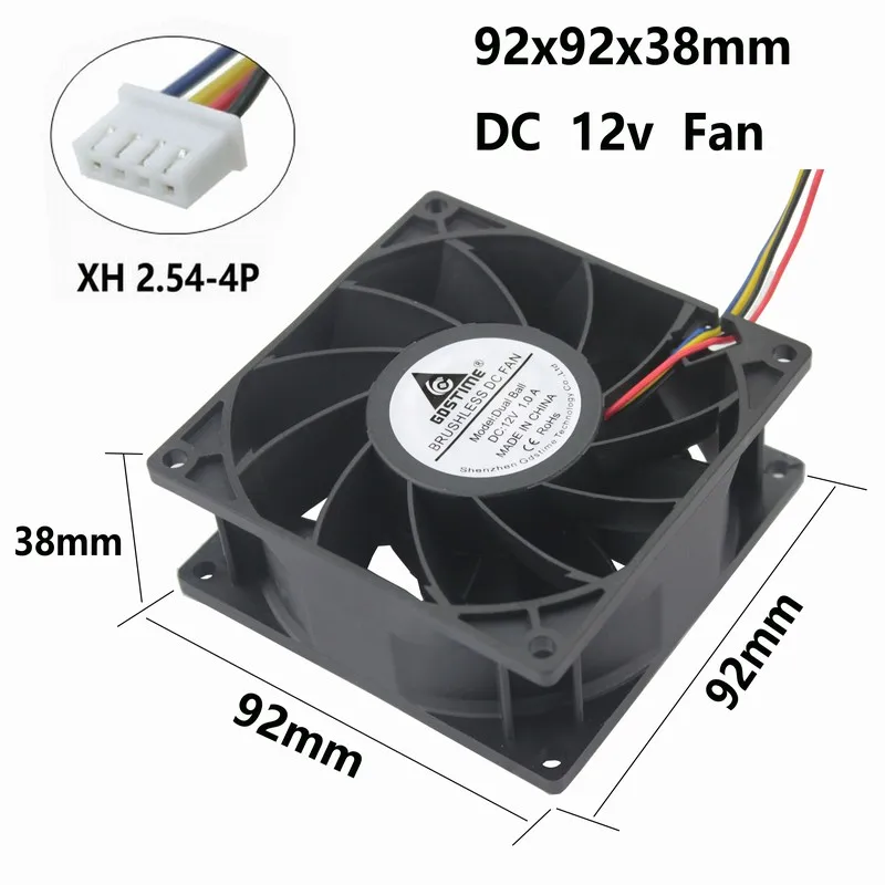 

1 Pcs Gdstime 12V 9cm 92x92x38mm Two Balls 92mm x 38mm DC Brushless Cooling Fan 90x90mm Big Air Flow 4 Wires 4Pin 12 Volt