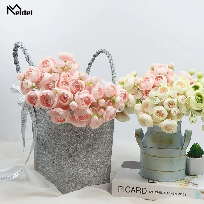 Meldel 4 Heads/Branch Rose Artificial Flowers Pink White Silk Peonies Tea Roses Long Small Fake Flowers Wedding Home Party Decor