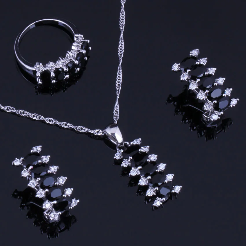 

Attractive Black Cubic Zirconia White CZ Silver Plated Jewelry Sets Earrings Pendant Chain Nacklace Ring V0301