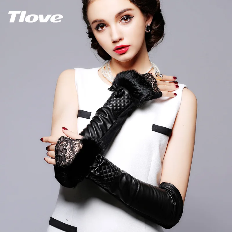 Lady Winter Warm Gloves Long Half-fingered Mittens Female Sheepskin Mittens Cute Bow Tie Rabbit Hair Luva Sheepskin Gloves B9605