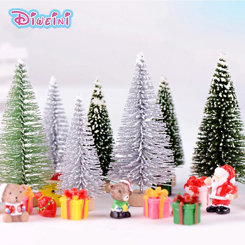 2pcs Simulation Christmas Tree figures toys Silver Green Plant model anime Figurine home decoration Resin Craft Play House Toy