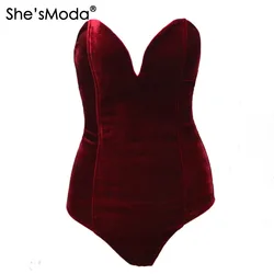 She'sModa-combinaison poitrine enveloppée en velours, col en v, dos nu, creux à bretelles croisées sans manches, body pour femmes