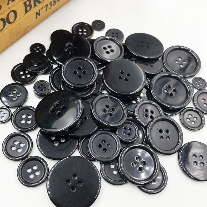 50pcs 11/15/18/20/25/30mm Black Color 4 Holes Flatback Plastic Buttons Shirt Buttons Apparel Sewing Accessories PT251