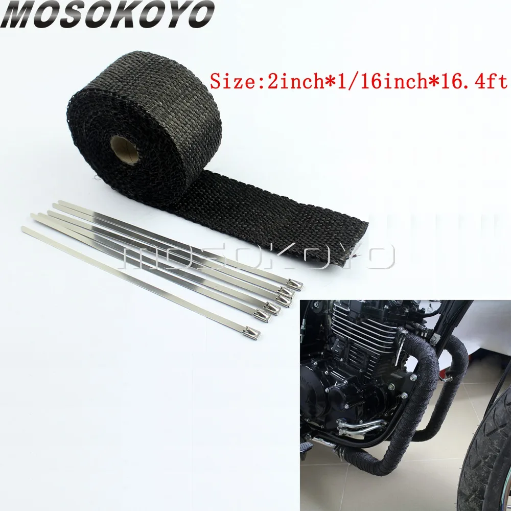 5m*5cm Motorcycle Thermal Exhaust Header Heat Wrap Heat Insulating Wrap Roll Tape Fiberglass Heat Shield Tape w/ Stainless Ties