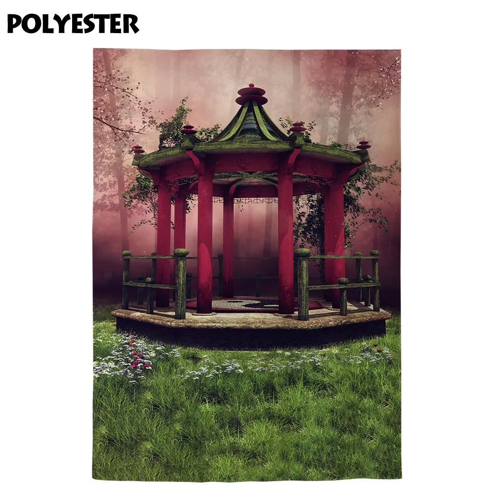 Allenjoy พื้นหลังสำหรับสตูดิโอถ่ายภาพที่มีสีสัน Oriental gazebo Orchard Blooming Cherry ต้นไม้สนามหญ้าฉากหลัง photocall