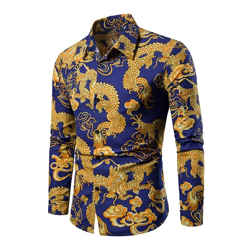 

New Men Shirt Long Sleeve Single Breasted Mens Shirts Casual Slim Fit Dress Shirts Chinese Style Dragon Print Camisas Hombre 4XL