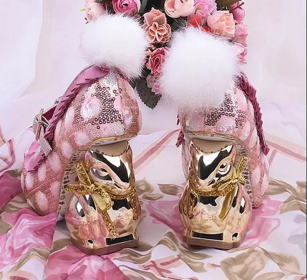 novelty women shoes gold rabbit strange style high heels pumps shoes bling bling fashion party shoes shallow ruffles pumps pink