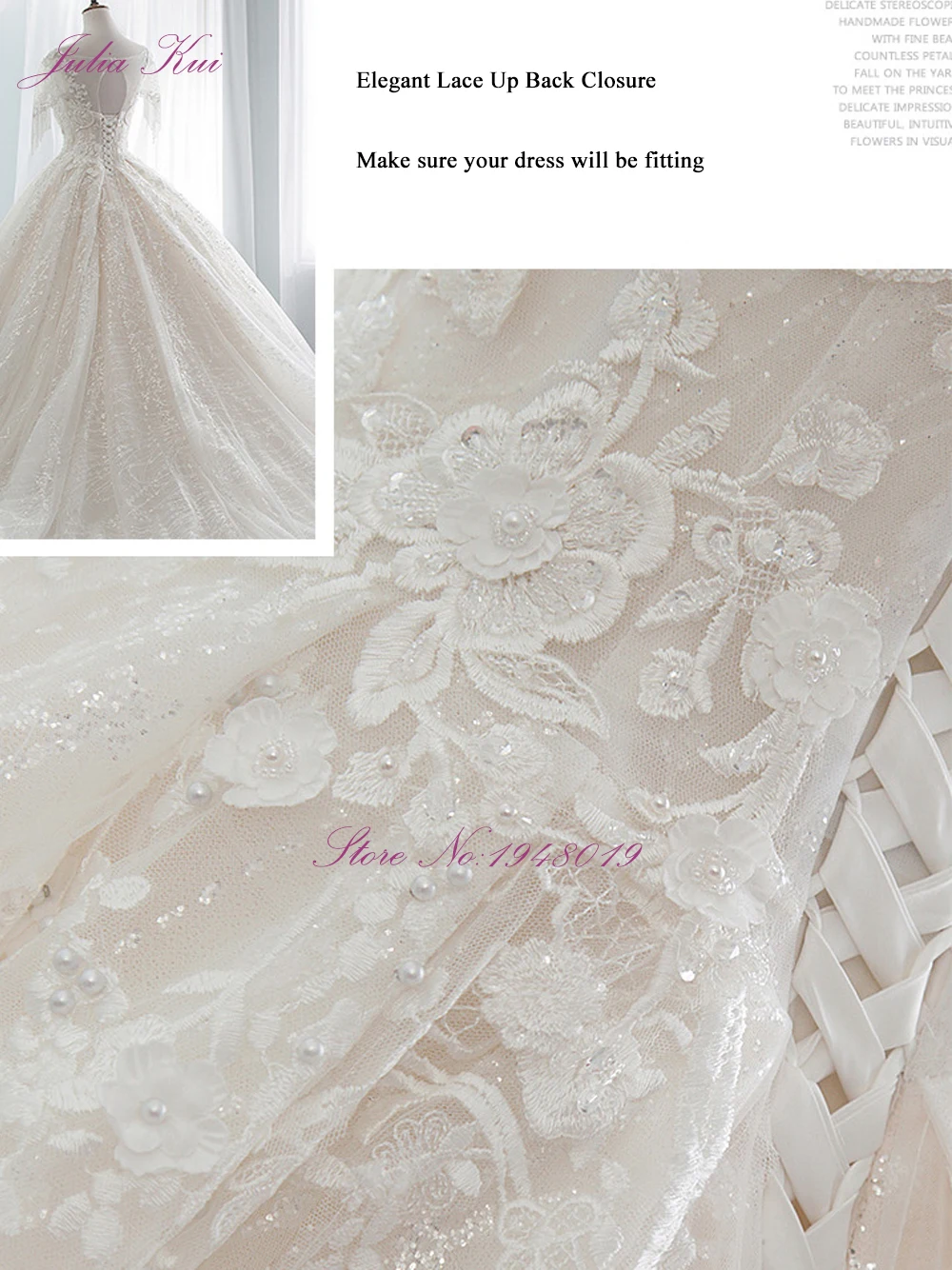 Julia Kui Maßgeschneiderte Vintage-Ballkleid-Brautkleider mit Bling-Ausschnitt und Flügelärmeln, zartes Brautkleid