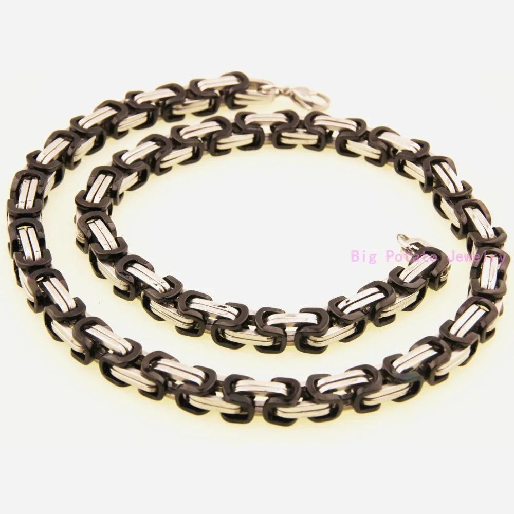 Silver Black Color 7-40inch Custom Sizes Byzantine Box Chain 316L Stainless Steel 8mm Wide Bracelet/Necklace Cool Men Jewelry