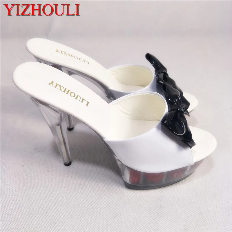 15 cm high heel rose decoration platform, bow sexy sandals transparent 6-inch crystal dancing shoes