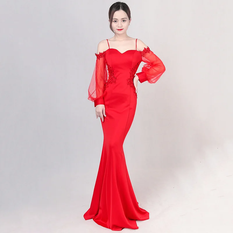 

Corzzet Elegant Red Red Transparent Mesh Lantern Sleeve Off Shoulder Backless Night Dress Mermaid Long Party Evening Gowns