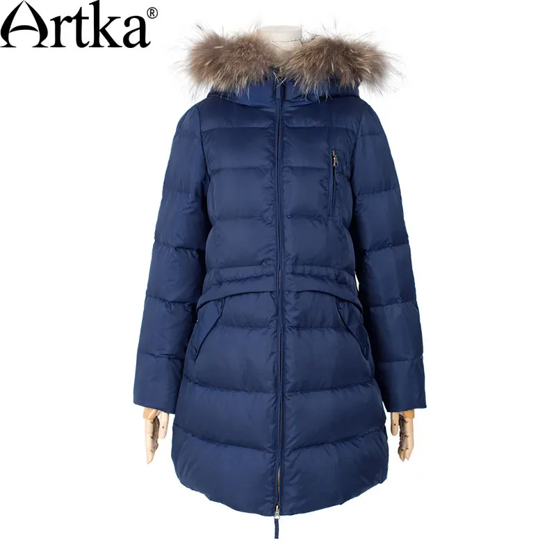 ARTKA Women\'s Mid-Length Down Coat With Raccoon Fur Hood With 90% Down Parka Female Long Winter Puffer Jacket ZK11669D