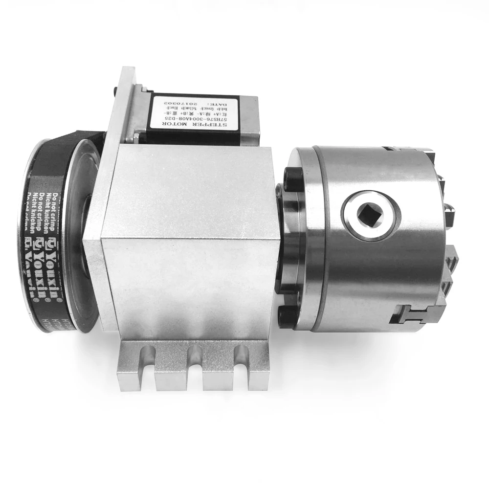 Rotary Axis 4th Axis Tailstock Hollow Shaft 3-Jaw Lathe Chuck 100mm Rotational Axis Nema23 Stepper Motor Set for Router Machine