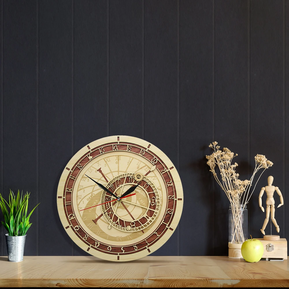 Prague Astronomical Clock in Wood Czech Republic Medieval Astronomy Wall Art Astrology Decorative Wall Watch Artwork Prague Gift