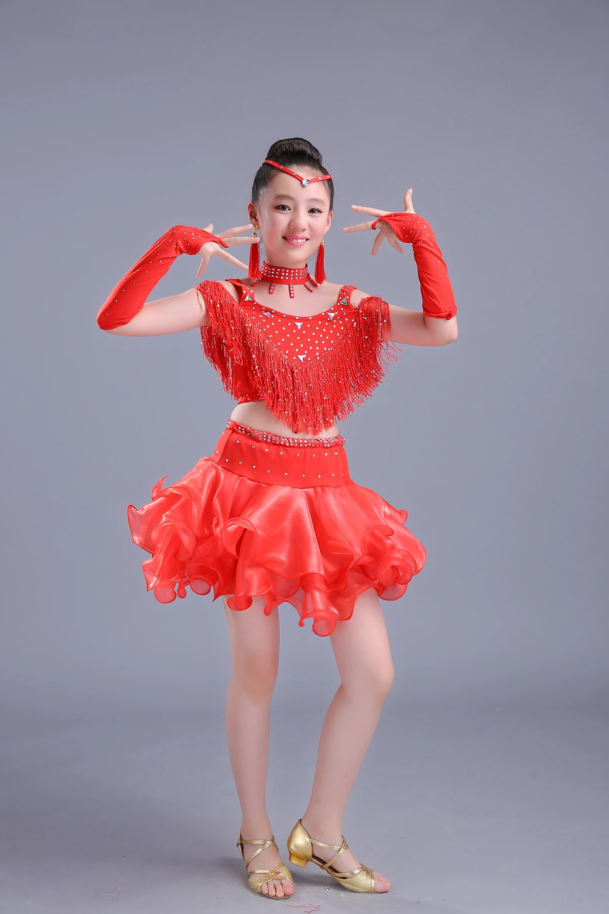 Children's Latin dance skirt costumes tango girls modern competition sequins tassel dance practice performance clothing