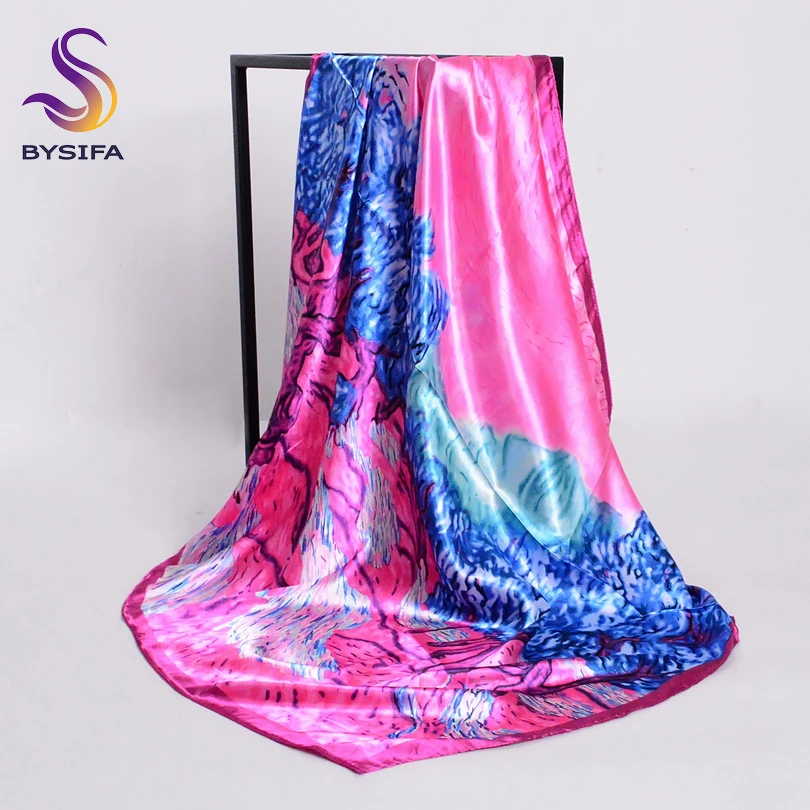 [BYSIFA] Dark Pink Silk Scarf Shawl New Sunrise Design Square Scarves Fashion Head Scarf 90*90cm Spring Ladies Satin Scarf Saly