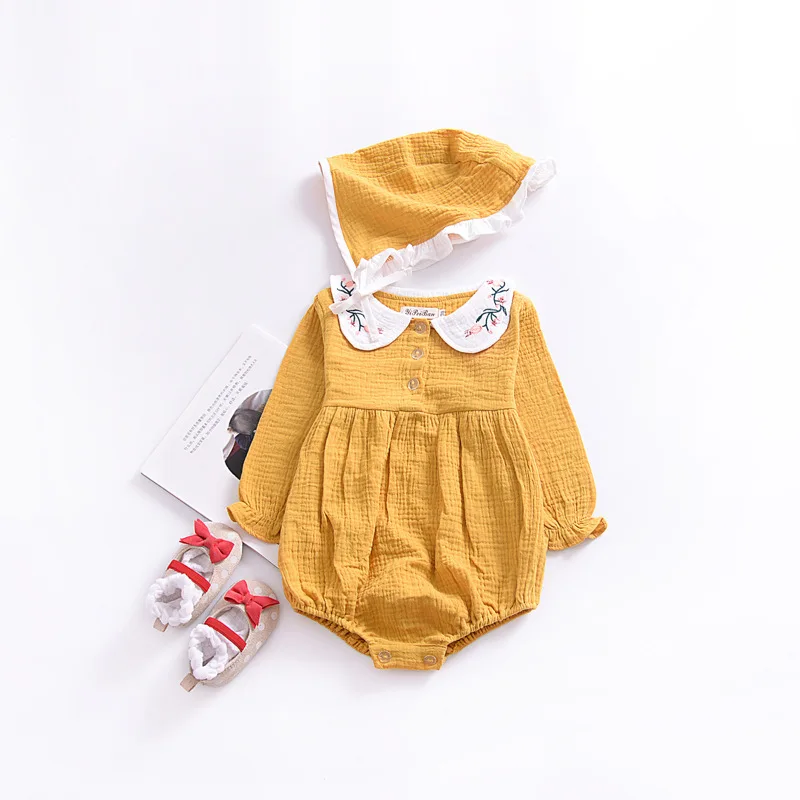 

Spring Autumn Baby Girl Bodysuits Embroidery Collar Long Sleeve Overalls+Hat Toddlers Clothing