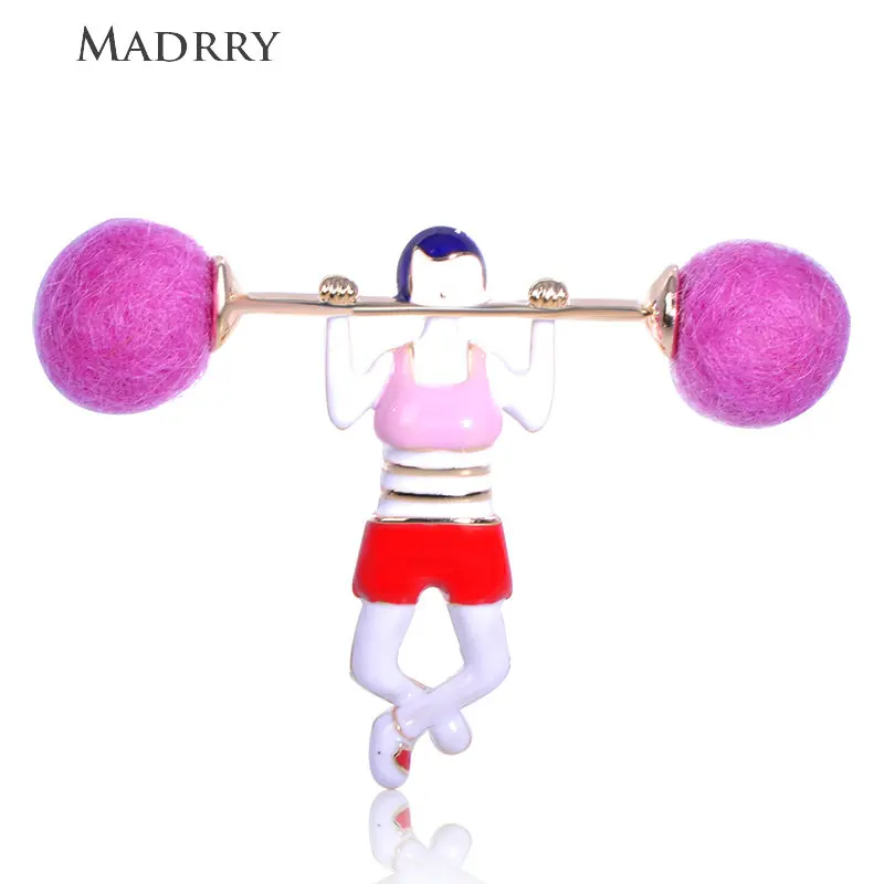 Madrry New Weightlifting Girl Shape Brooches Enamel Wool Felt Ball Jewelry Brooch Women Kids Shirt Sweater Hat Accessories Gift