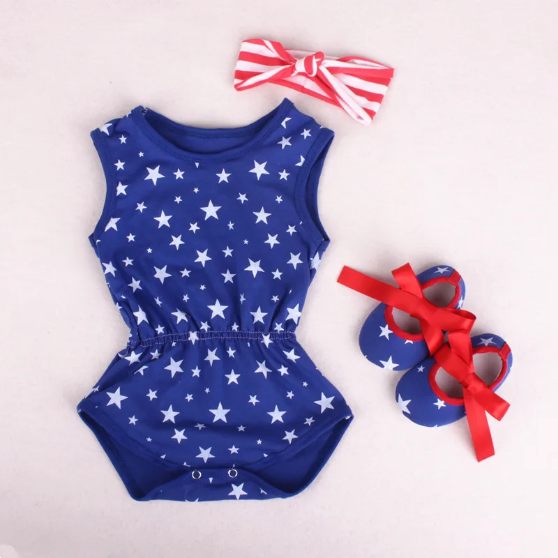 American Flag Baby Girl Bodysuits First Walker Headband 3pcs Suit Newborn Jumpsuit Clothes Set Cotton Star Boy Summer Outfit USA