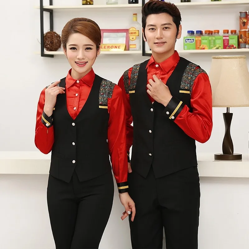 โรงแรมทำงานเสื้อผ้าฤดูใบไม้ร่วงฤดูหนาวWaitress Uniform KTV Barผู้หญิงเสื้อกั๊กWestร้านอาหารCafe PlusขนาดพนักงานWaiter Overalls H2392