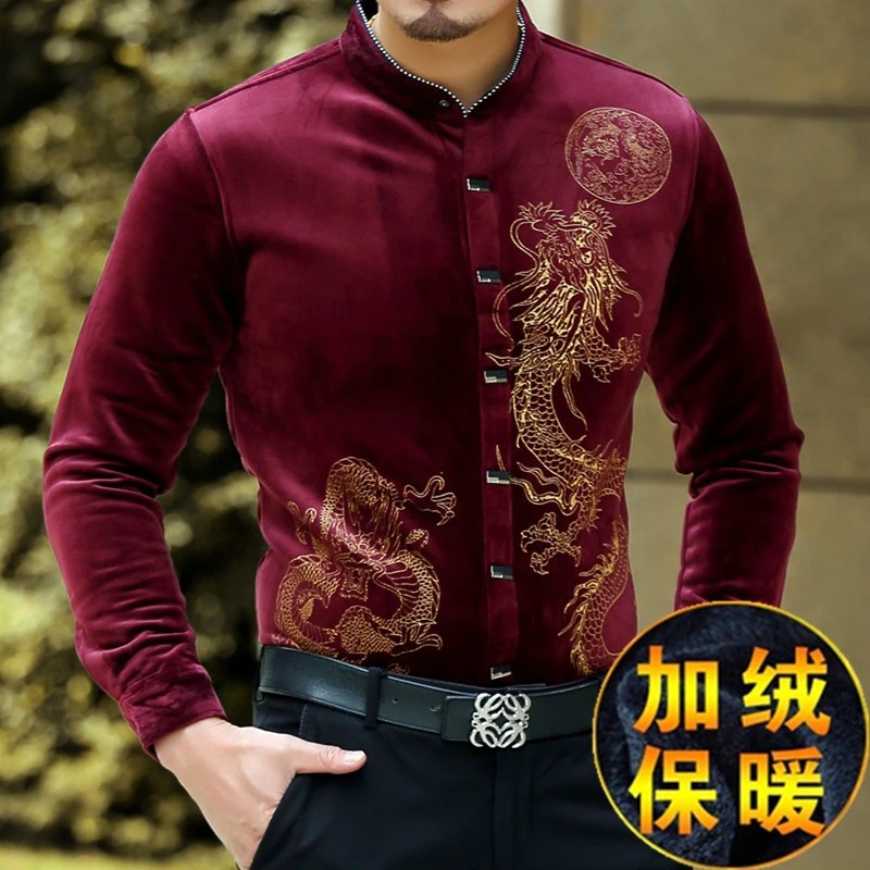 Bronzing Dragon Dress Men Shirt Long Sleeved Stand Collar Casual New Fashion Velvet Soft Comfortable Oversized Camisas De Hombre