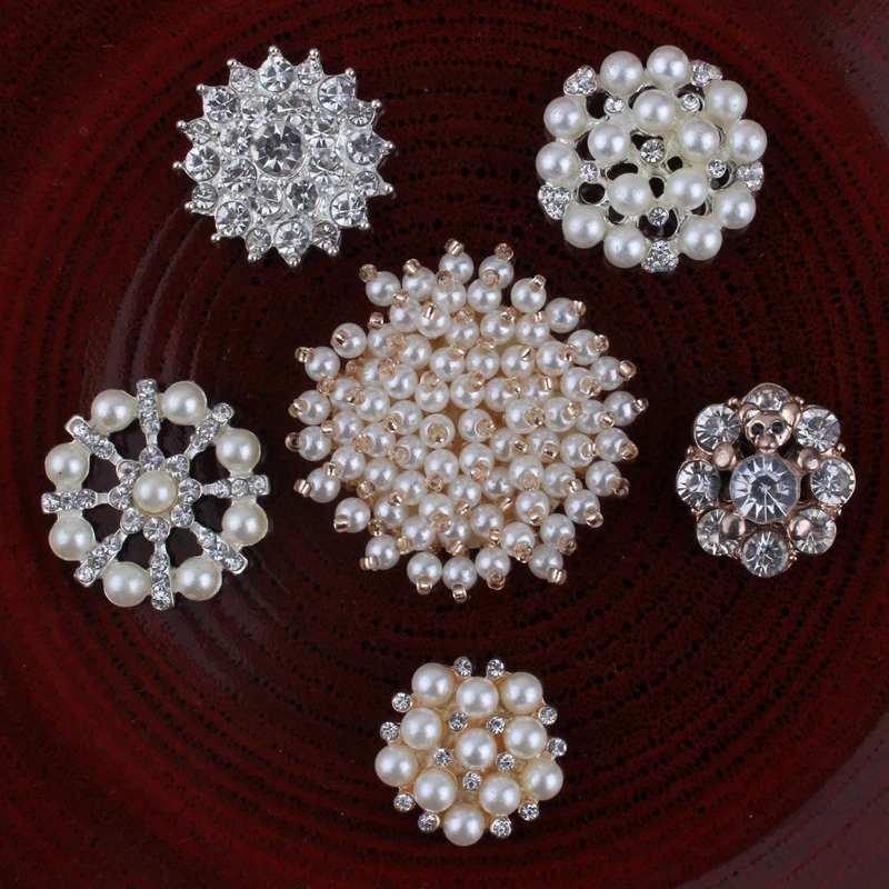 

30PCS Vintage Handmade Metal Decorative Buttons+Crystal Pearls Craft Supplies Flatback Rhinestone Buttons for Hair Accessories