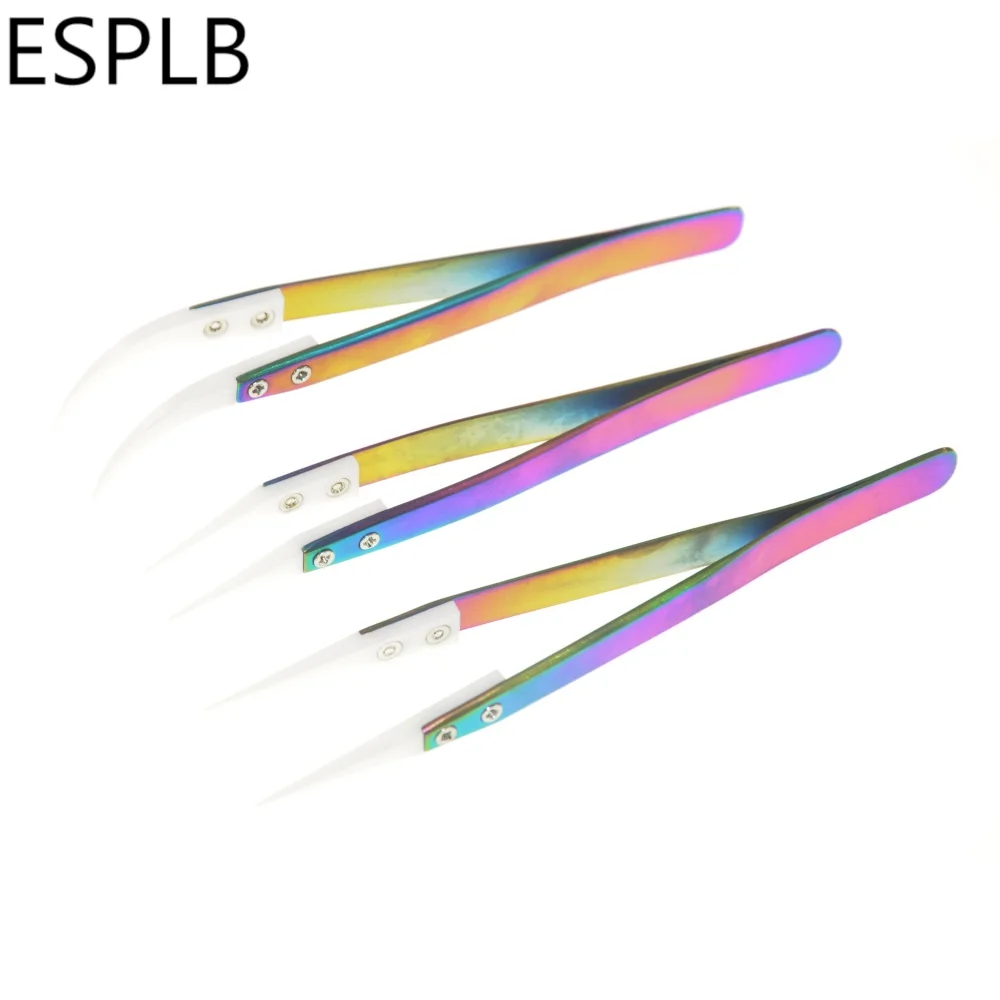 ESPLB Regenbogen Keramik Pinzette Edelstahl Zigarette Wärme Beständig Antistatischen Überzug Präzision Gerade Gebogen Pinzette – Detail 2