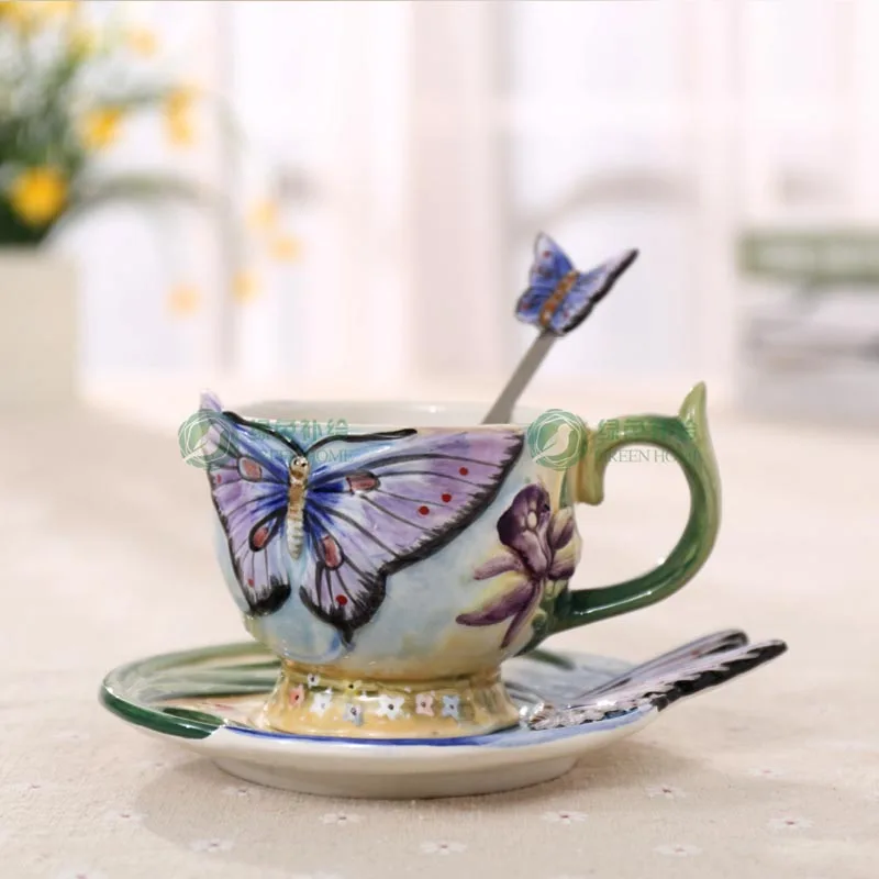 European Style Ceramic Hand-painted Butterfly Coffee Cup 3D Colored Enamel Porcelain Cups with Saucer and Teaspoon