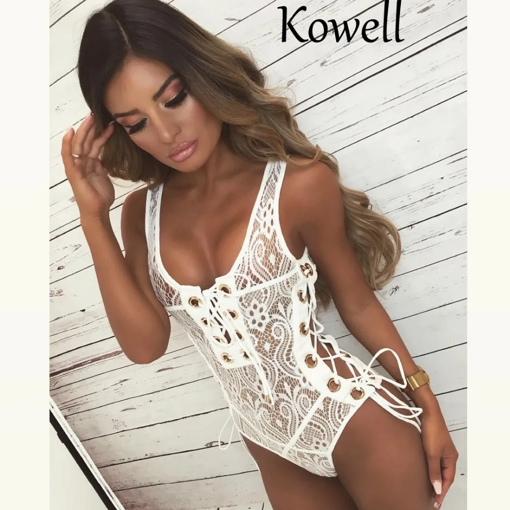 Kowell 2018 Mới Thời Trang Sexy Nữ Spandex Ren Chất Liệu Slim Bodysuits Không Tay Bandage Bodycon Bodysuits