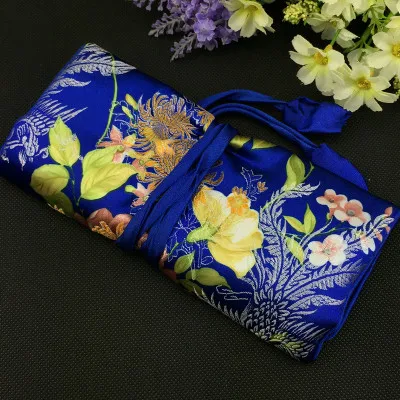 Luxury Bronzing Flower Folding Bag 3 Zipper Silk Brocade Travel Roll Up Makeup Bag Jewelry Storage Pouch Packaging Bags 5pcs/lot