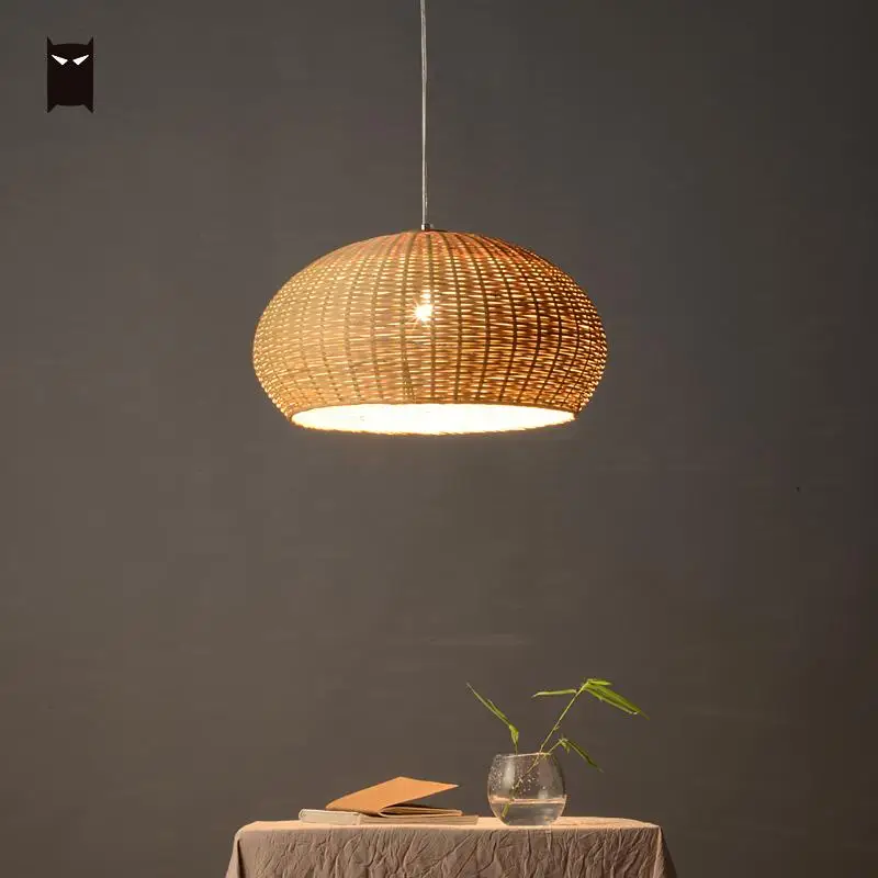 Delicate Bamboo Wicker Rattan Basket Pendant Light Fixture Close Weaving Vintage Rustic Hanging Ceiling Lamp for Dining Room