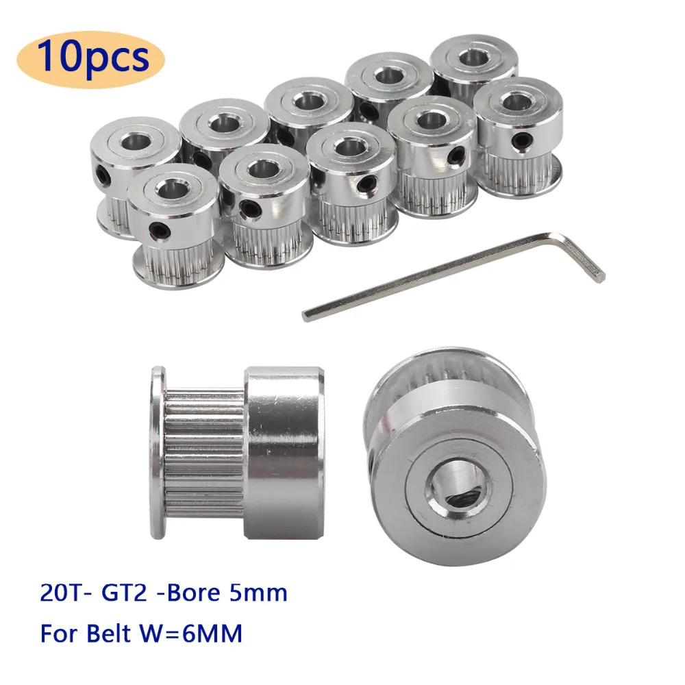 

10pcs GT2 Timing Pulley 20 teeth Bore 5mm + 1pc Wrench for Width 6mm GT2 Synchronous Belt 2GT Belt Pulley 20teeth 20T