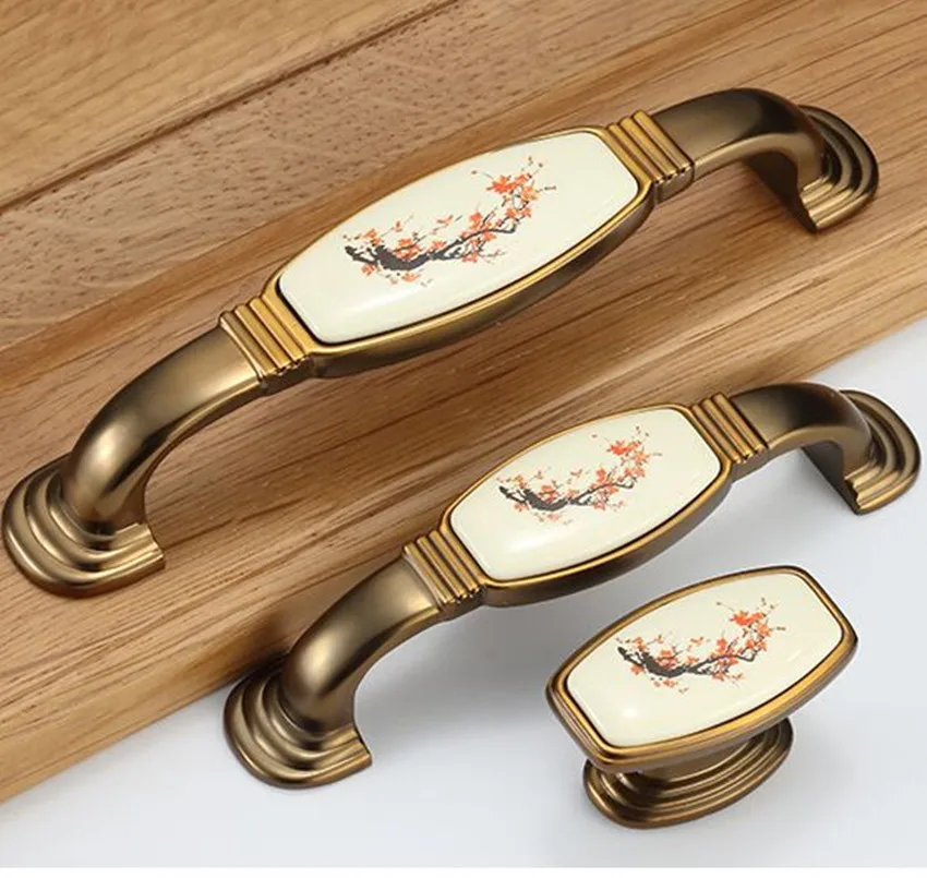 

128mm Rereo Beautiful plum blossom ceramic kitchen cabinet cupboard door handle yellow bronze drawer shoe cabinet dresser knob