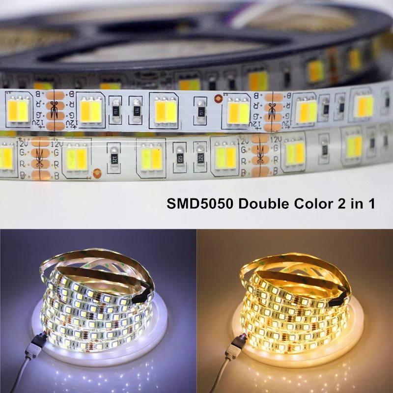 SMD 5050 Double Color 2 in 1 LED Strip 12V 5M 60LEDs/M CCT Adjust Flexible LED Tape 5025 Cold white + Warm white LED Lamp Ribbon