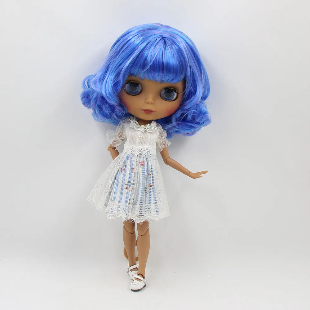 ICY DBS Blyth doll 1/6 bjd with black skin nude joint body and matte face blue mixed hair BL7216/6208