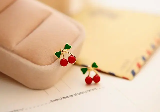 XXZHJ 2018 New Fashion Lovely Red Cherry Earrings Rhinestone Leaf Bead Stud Earrings For Woman Jewelry Gift Wedding Earings