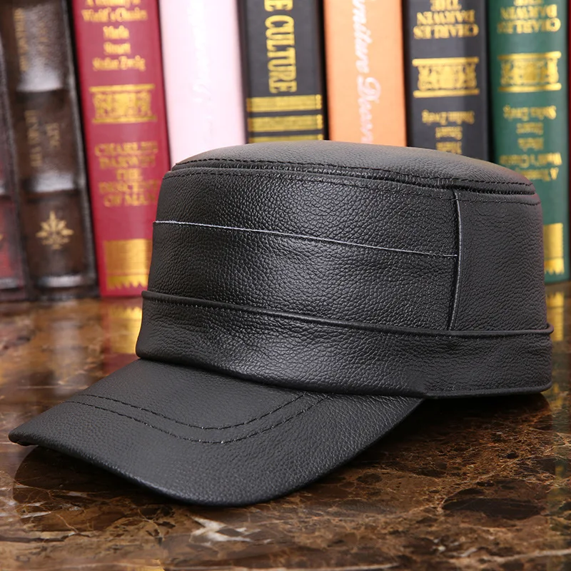 Men Genuine Leather Hat Male Cowskin Winter Warm Hat Solid Color Brown Black Leather Cap Waterproof  Leisure Hats B-7276