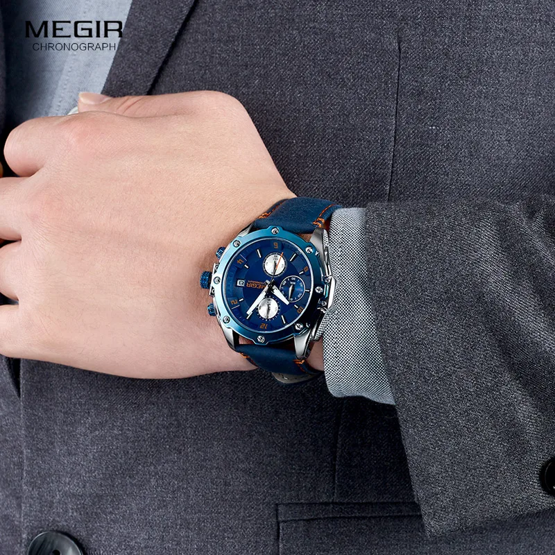 MEGIR Men\'s Chronograph Quartz Watches Leather Strap Army Sports Casual Wristwatch Man Relogios Masculino Clock 2074 Blue