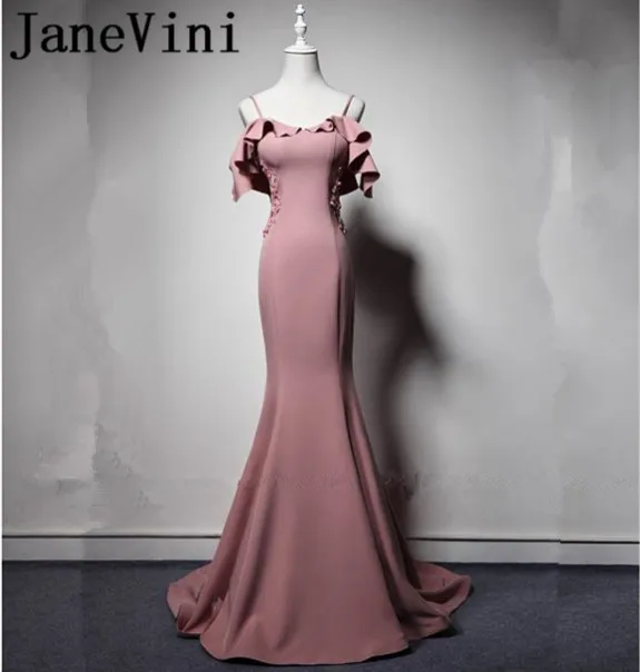 

JaneVini Mermaid Beaded Appliques Long Bridesmaid Dresses South African Arabic Black Girls Spaghetti Straps Maid of Honor Gowns