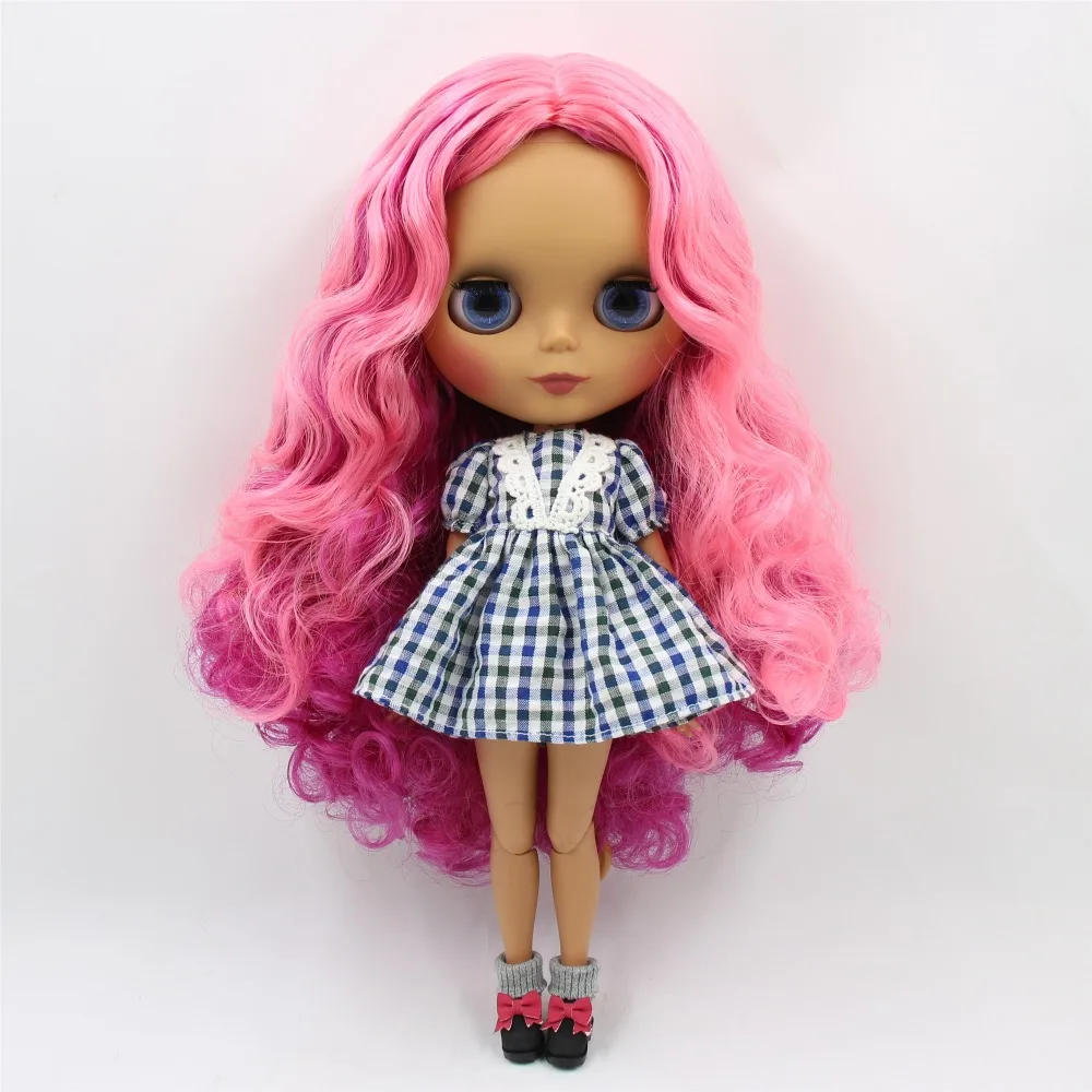 ICY DBS Blyth Doll 1/6 bjd joint body dark skin matte face rose and pink and purple hair 30cm toy